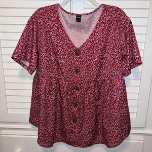 Shein Curve Red Floral Ditsy Button Front Peplum Babydoll Blouse Top Womens L